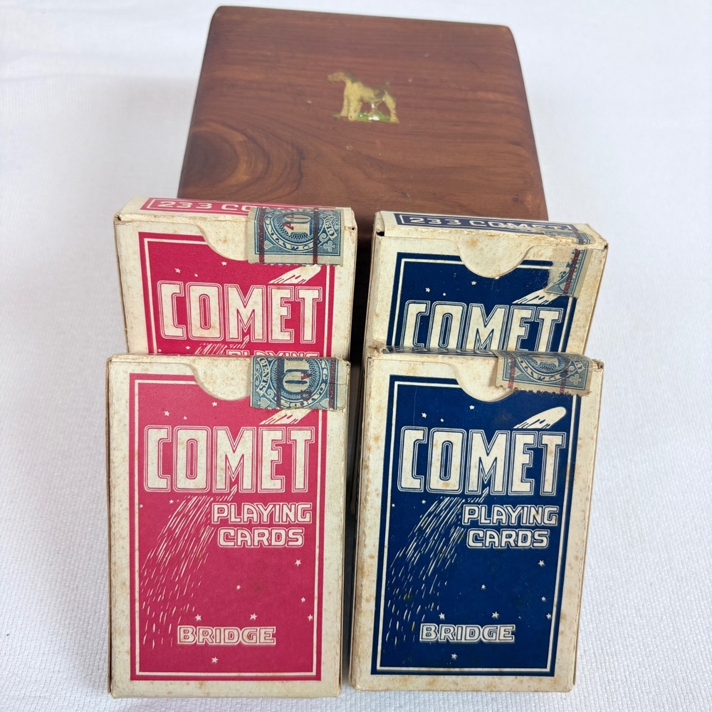 Vtg Comet Bridge Playing Cards 4 Decks 3 Stamp Sealed Dragon Back Cedar Box USA